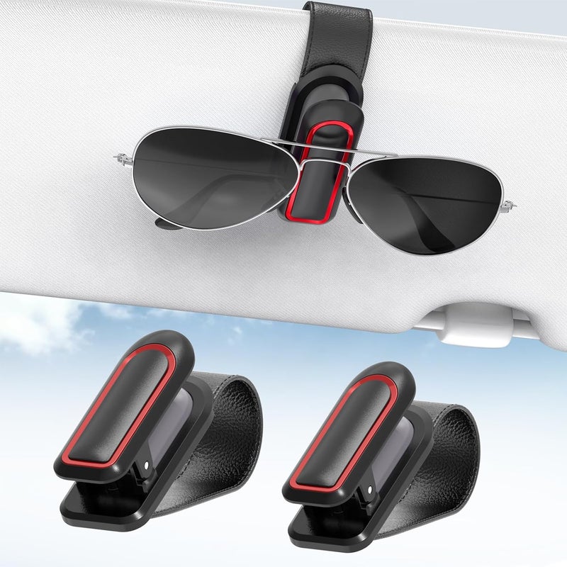 Veharvim Sunglass Holder for Car (One-Handed-Operation, Gentle & Secure Hold, Silicone Padded, Universal Fit, Metal Clip) Visor Sunglass Holder Clip,Visor Sunglass Car (Black & Red, 2 Pack) - Image 1